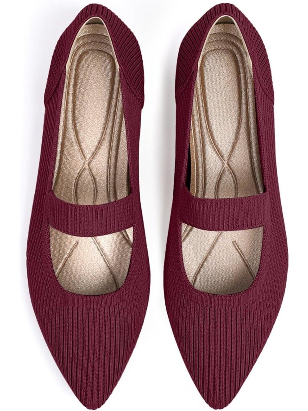 Women's Red Knit Mary Jane Flats Pointed Toe Pull On Comfortable Flats Shoes